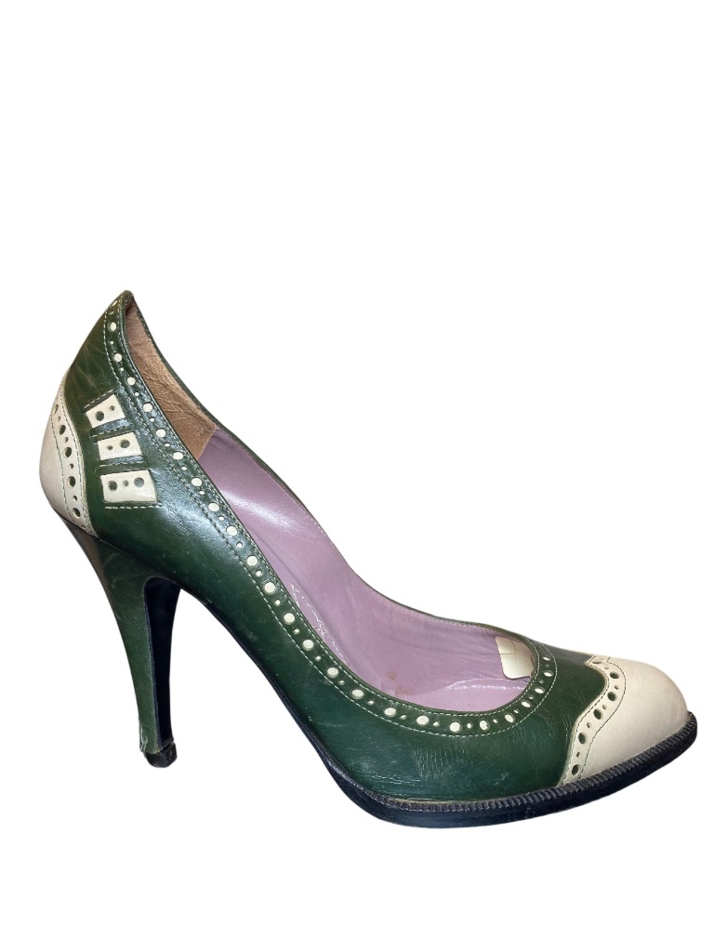 Vintage Alberta Ferretti Green Cream Leather Brogue Wingtip Pumps Heels 37 7 - Picture 3 of 14